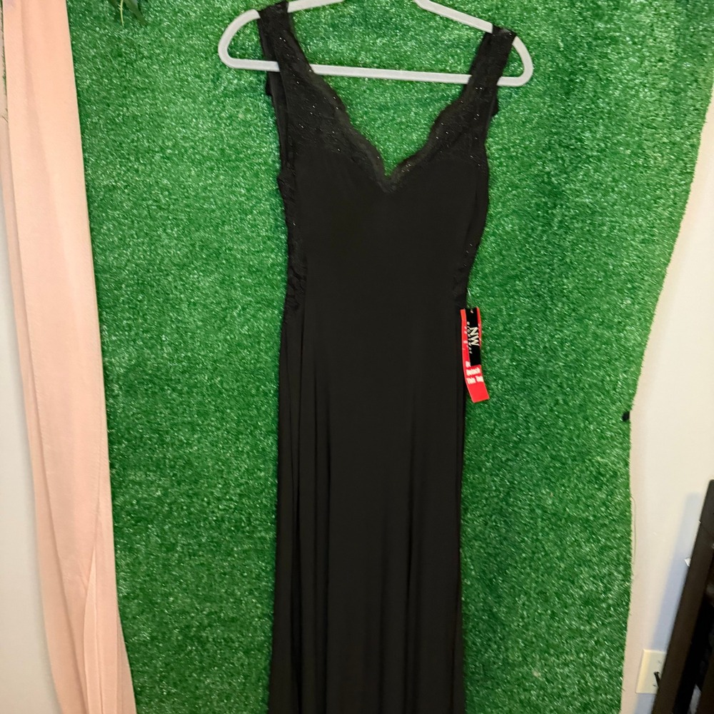 NWT Night Way Black Lace Shimmer Maxi Evening Gown Dress Women's 4P Petite